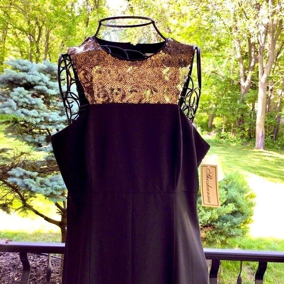 SHOSHANNA BLACK A-LINE SLEEVELESS GOLD EMBELLISHED YOKE SEQUIN DRESS 10 NWT - Picture 6 of 16